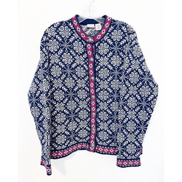Vintage LL Bean Nordic Wool Blue Cardigan Sweater Size Large Made In Hong Kong - Picture 1 of 6